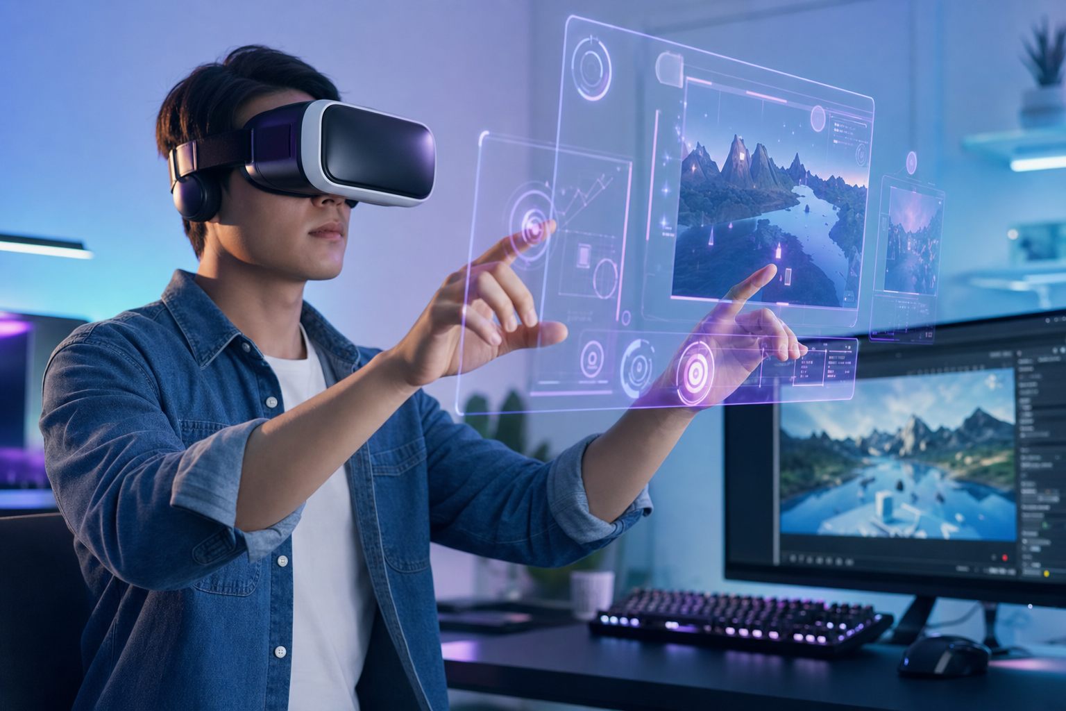 VR app developer building an immersive virtual reality experience in a game engine at AppStudio